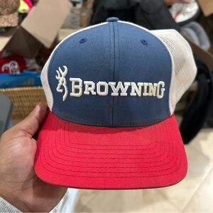 Browning Trucker Hat in Blue, Red & White hat box 48